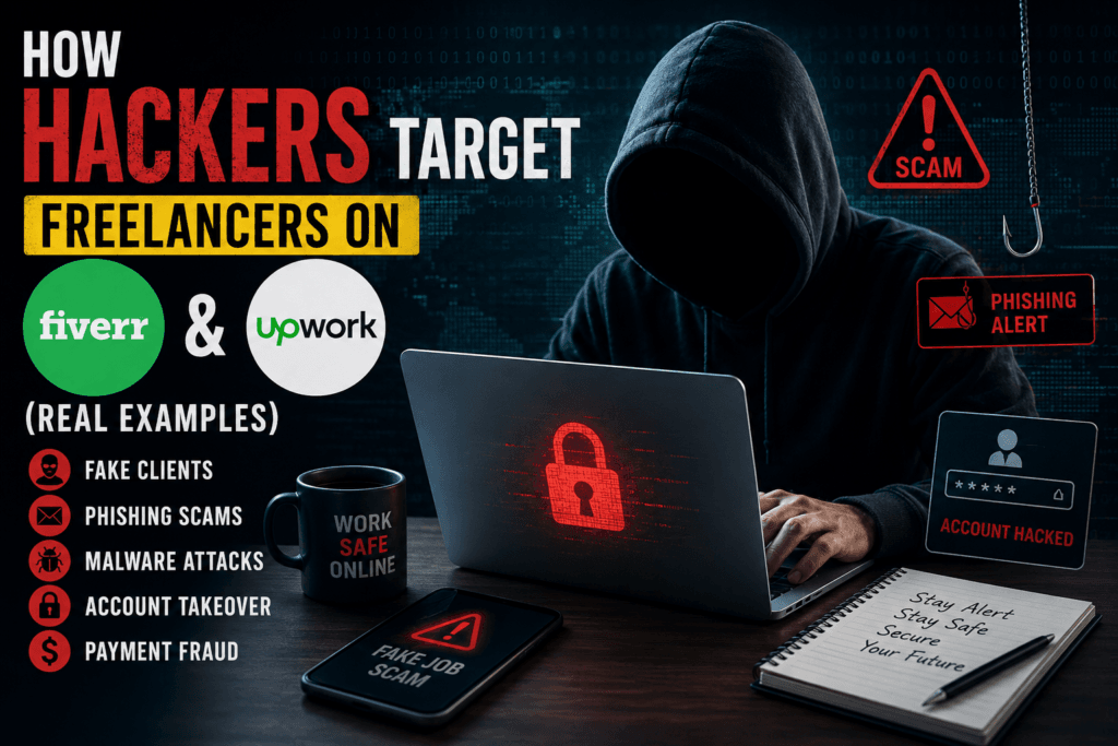 How hackers target freelancers on Fiverr and Upwork through phishing scams, fake clients, malware attacks, and account hacking