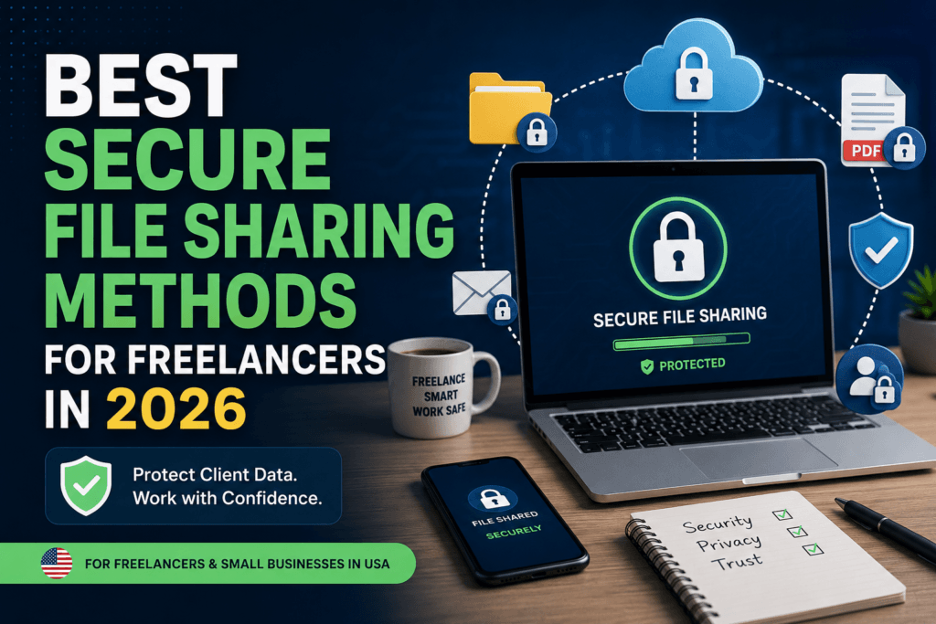 Best secure file sharing methods for freelancers in 2026 with encrypted cloud storage, laptop security, and cybersecurity protection icons.