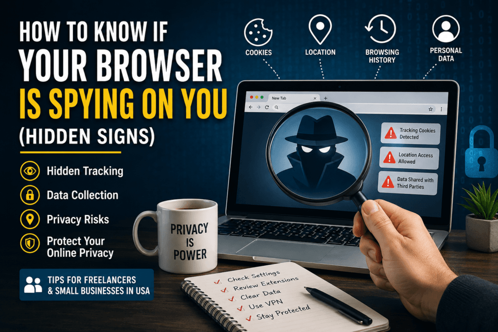 LHow to know if your browser is spying on you hidden signs showing laptop with browser tracking alerts, cookies, and privacy risks for freelancers and small businesses