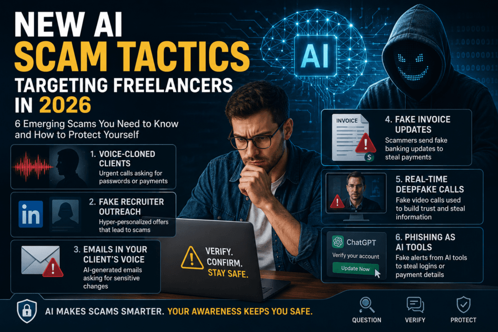 Illustration showing AI scam tactics targeting freelancers in 2026, including voice-cloned clients, fake recruiter scams, phishing emails, deepfake video calls, and invoice fraud targeting online freelancers.