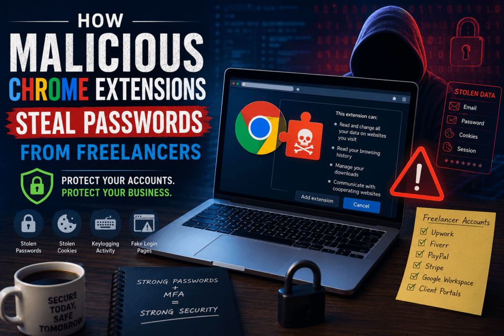 Cybersecurity illustration showing how malicious Chrome extensions steal passwords from freelancers through stolen cookies, keylogging, fake login pages, and browser permissions.