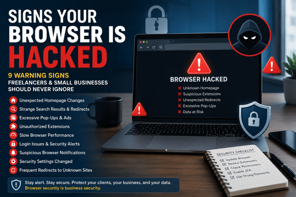 Infographic showing signs a browser is hacked, including suspicious extensions, pop-ups, redirects, login issues, and security alerts for freelancers and small businesses.