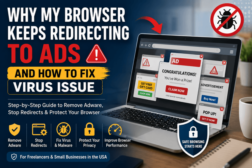 Why my browser keeps redirecting to ads and how to fix virus issue guide showing browser hijacker problem with adware redirects and security steps for freelancers and small businesses