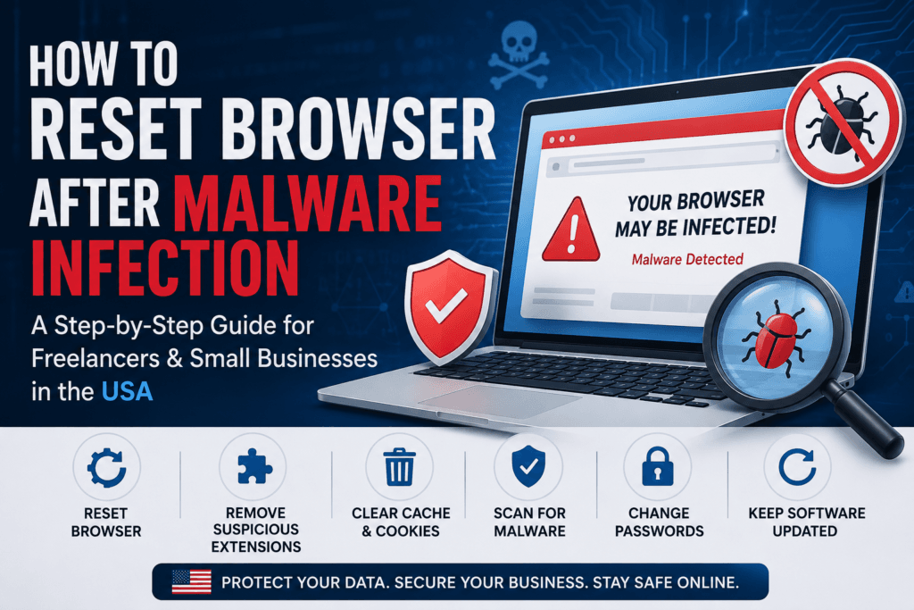 Step-by-step guide showing how to reset a browser after a malware infection, featuring a laptop with a malware warning, security shield, malware detection icons, and browser cleanup steps for freelancers and small businesses.