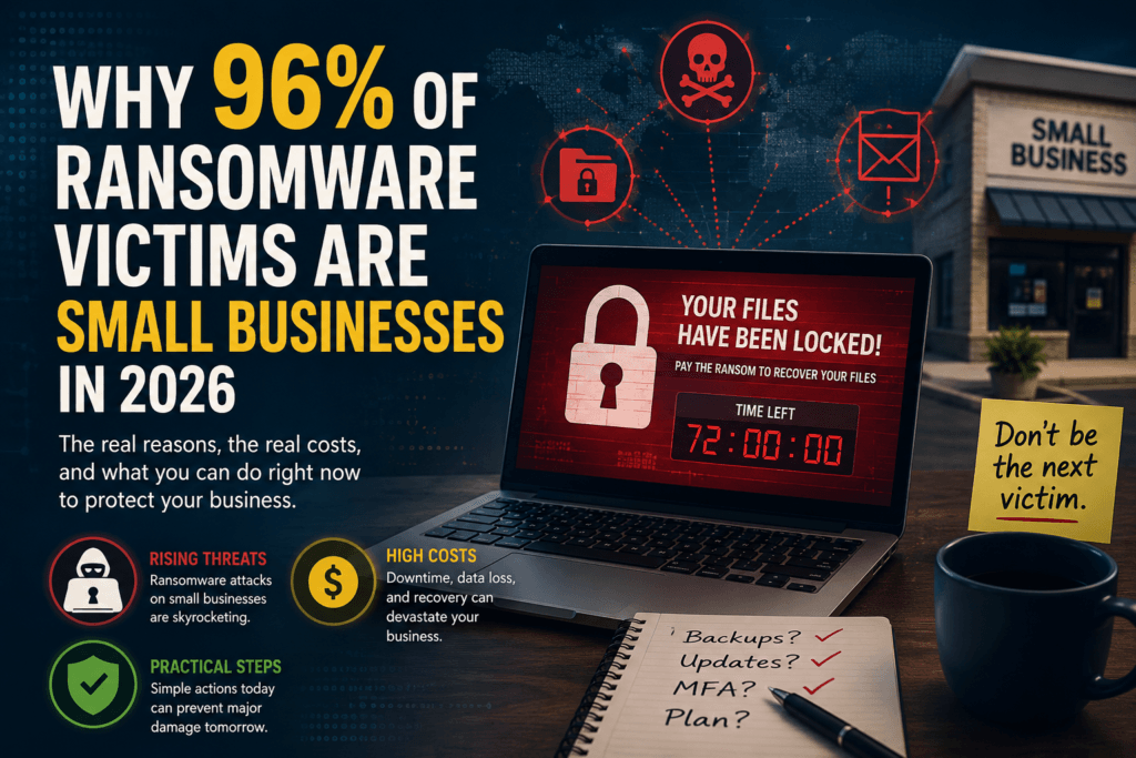 Cybersecurity illustration showing ransomware attack impact on small businesses, highlighting data encryption, financial loss, and cyber threat warning for freelancers and SMEs