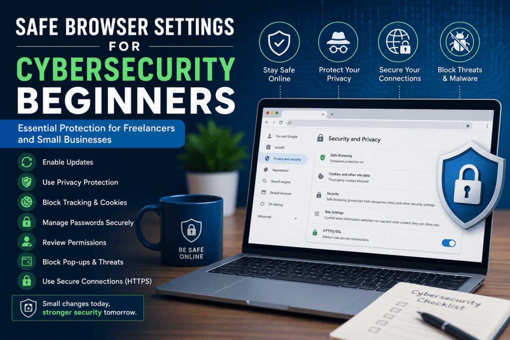 Safe browser settings for cybersecurity beginners infographic showing a laptop with browser security settings enabled, privacy protection features, HTTPS security, password management, and malware protection tips for freelancers and small businesses.