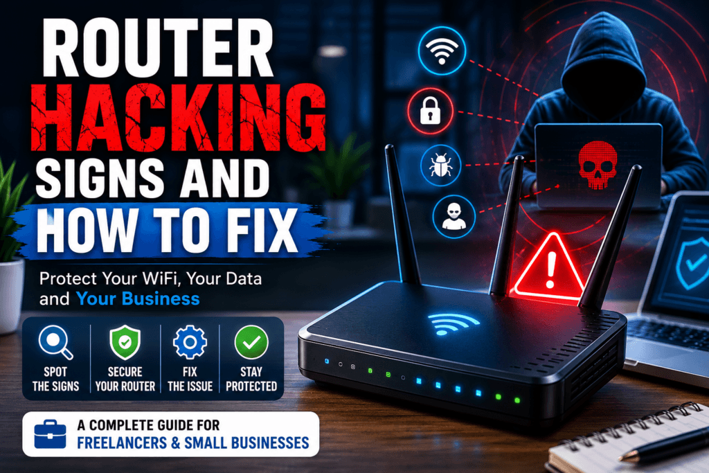 Illustration showing router hacking signs and how to fix, featuring a WiFi router, cybersecurity hacker, and network protection for freelancers and small businesses.