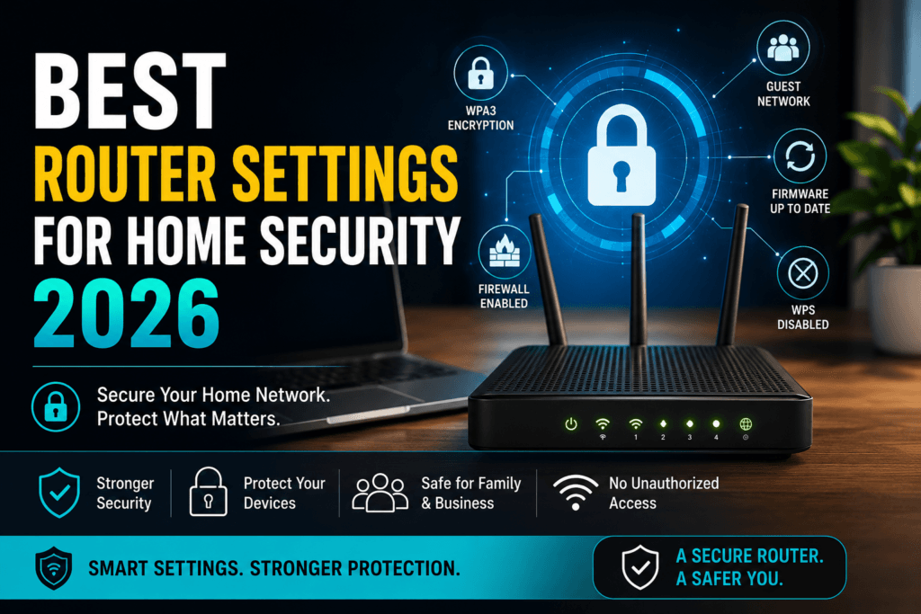Best router settings for home security 2026 showing a secure Wi-Fi router with WPA3 encryption, firewall protection, firmware updates, and guest network security features.