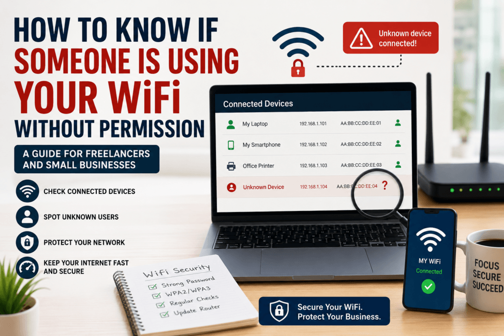 Laptop displaying connected WiFi devices with an unknown device alert, illustrating how to know if someone is using your WiFi without permission. The image includes a router, smartphone, and WiFi security checklist for freelancers and small businesses.