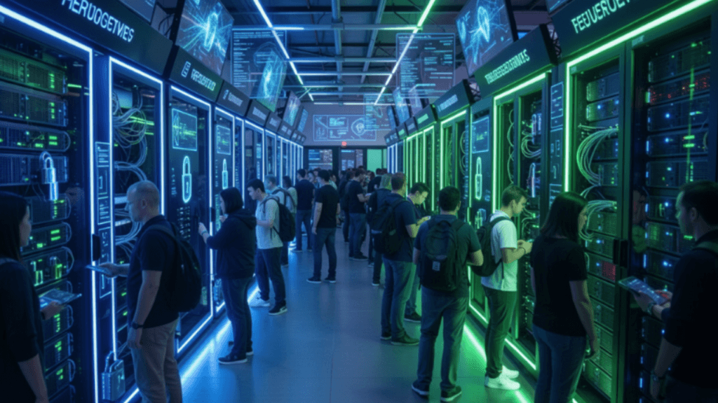 AI in cybersecurity for small businesses showing IT professionals monitoring secure servers, network infrastructure, and AI-powered threat detection systems in a modern data center.