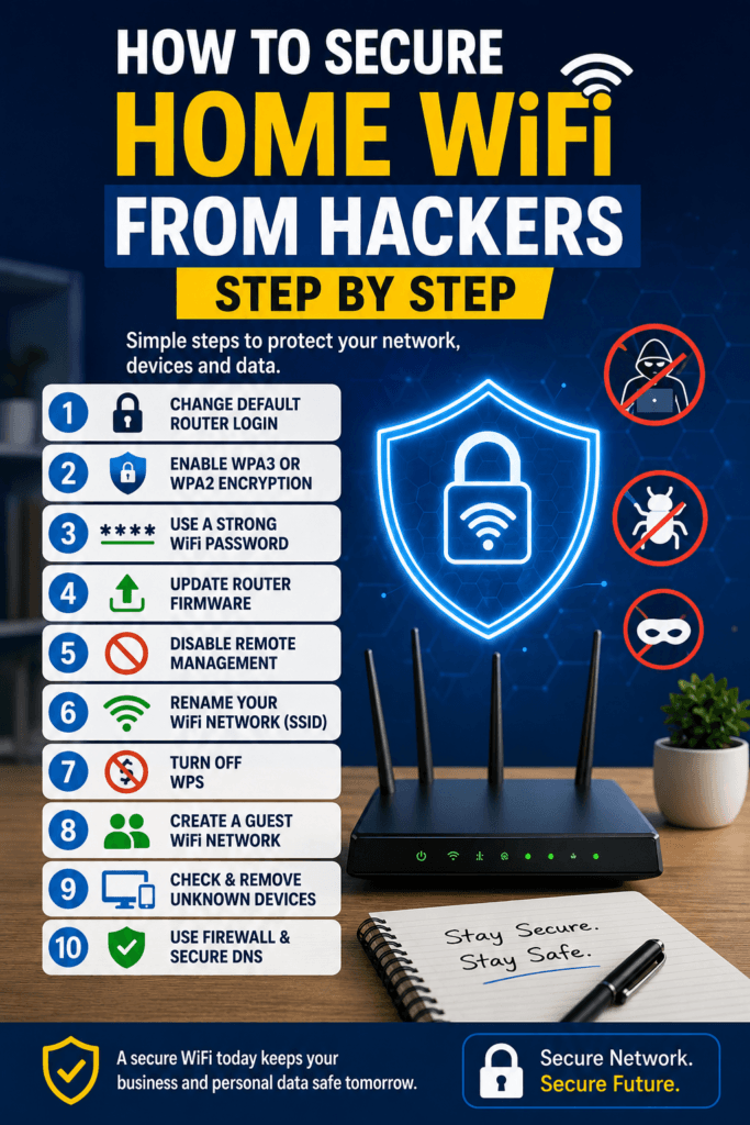 Infographic showing 10 practical steps to secure home WiFi from hackers, including changing the router password, enabling WPA3 encryption, updating firmware, disabling WPS, creating a guest network, and using a firewall.