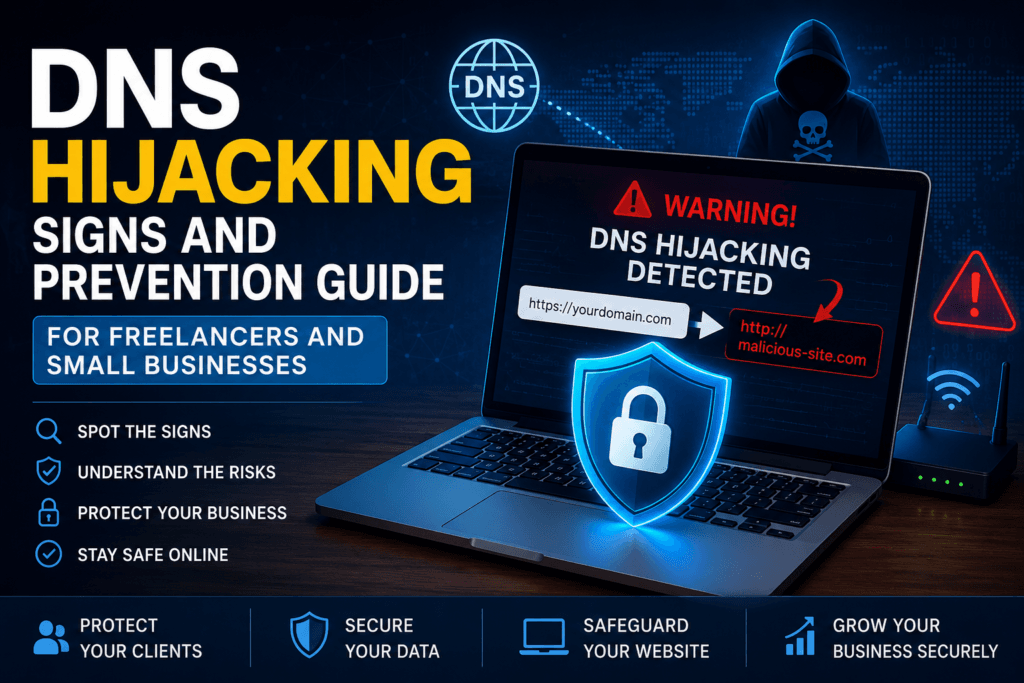 Illustration showing DNS hijacking signs and prevention guide for freelancers and small businesses with a laptop displaying a malicious website redirect, secure DNS protection, and cybersecurity warning icons.