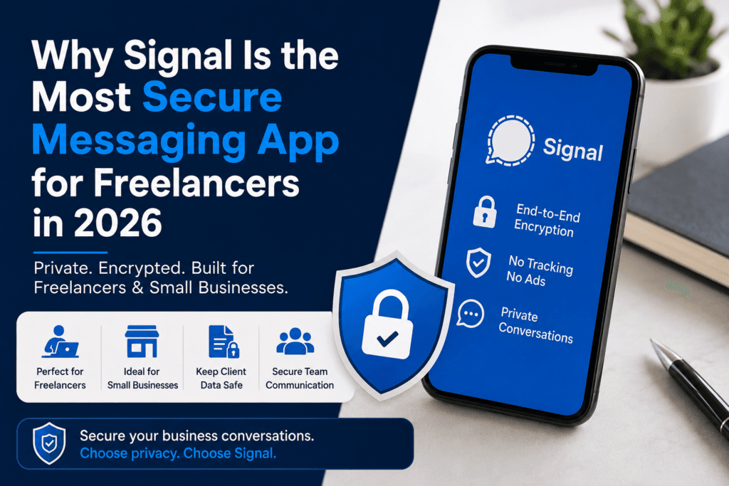 Signal for business communication showing secure messaging, end-to-end encryption, private client communication, and cybersecurity for freelancers and small businesses.