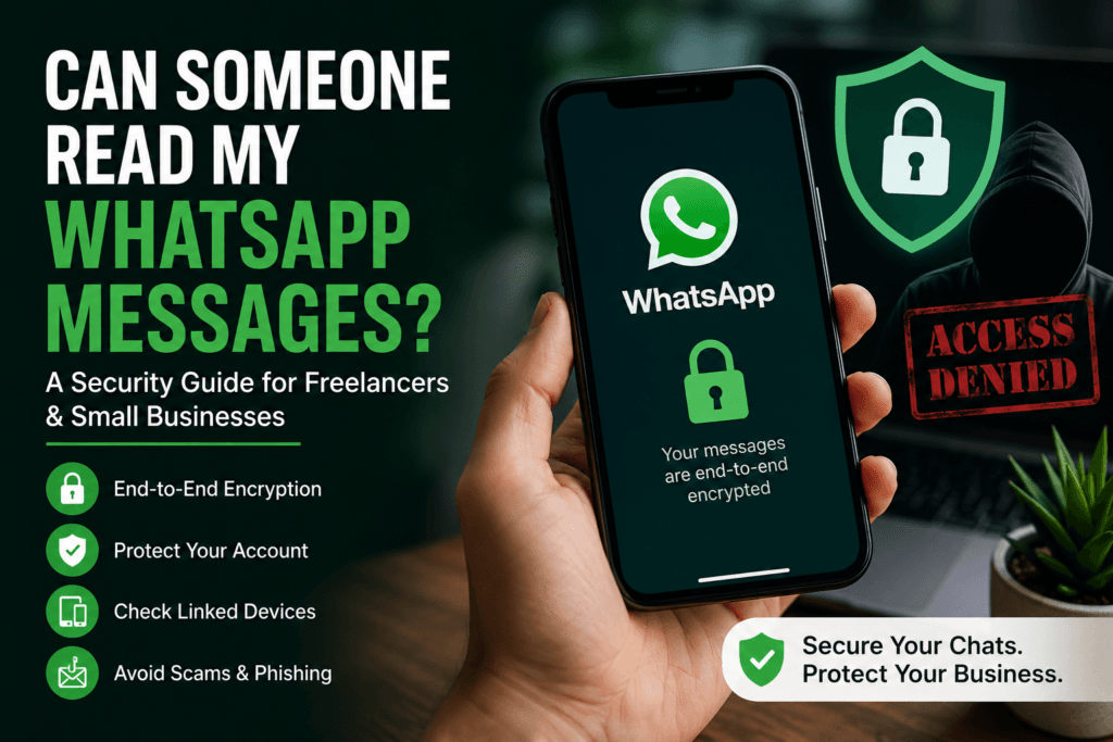 Can someone read my WhatsApp messages? Illustration showing a secure WhatsApp account with end-to-end encryption, account protection, and security tips for freelancers and small businesses.