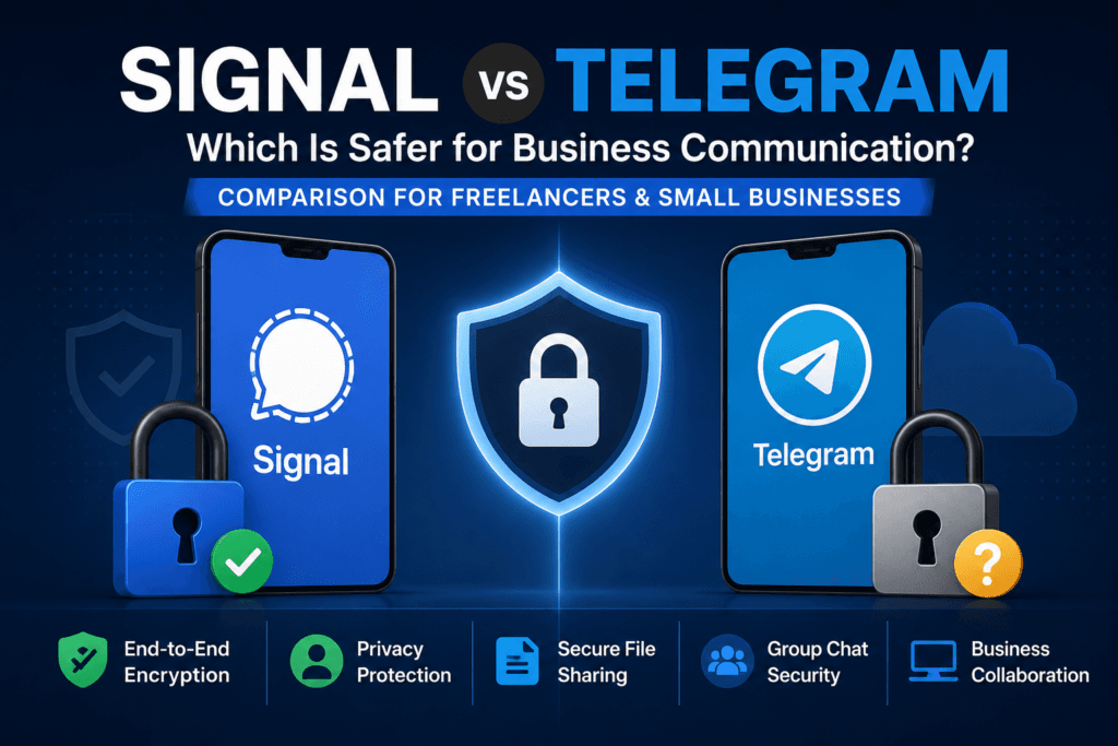 Signal vs Telegram comparison showing security, privacy, encryption, and business communication features for freelancers and small businesses.