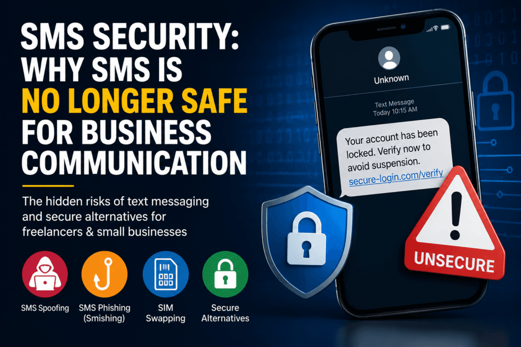 SMS security infographic showing phishing text message, SMS spoofing, SIM swapping, and secure business communication risks for freelancers and small businesses.