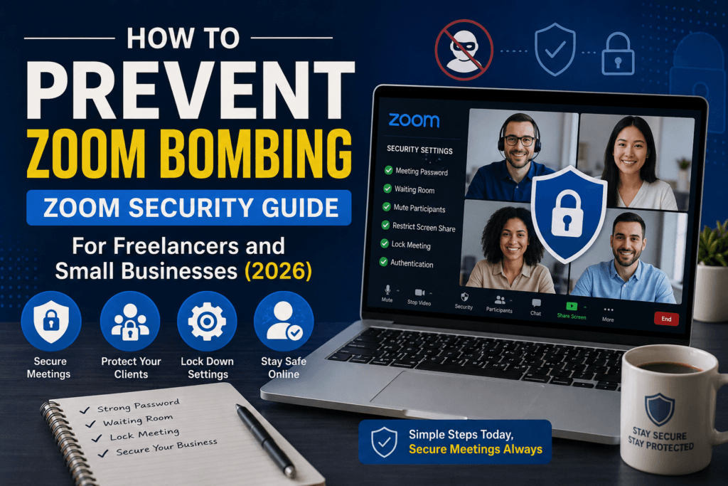 Illustration showing how to prevent Zoom bombing with Zoom security settings for freelancers and small businesses.