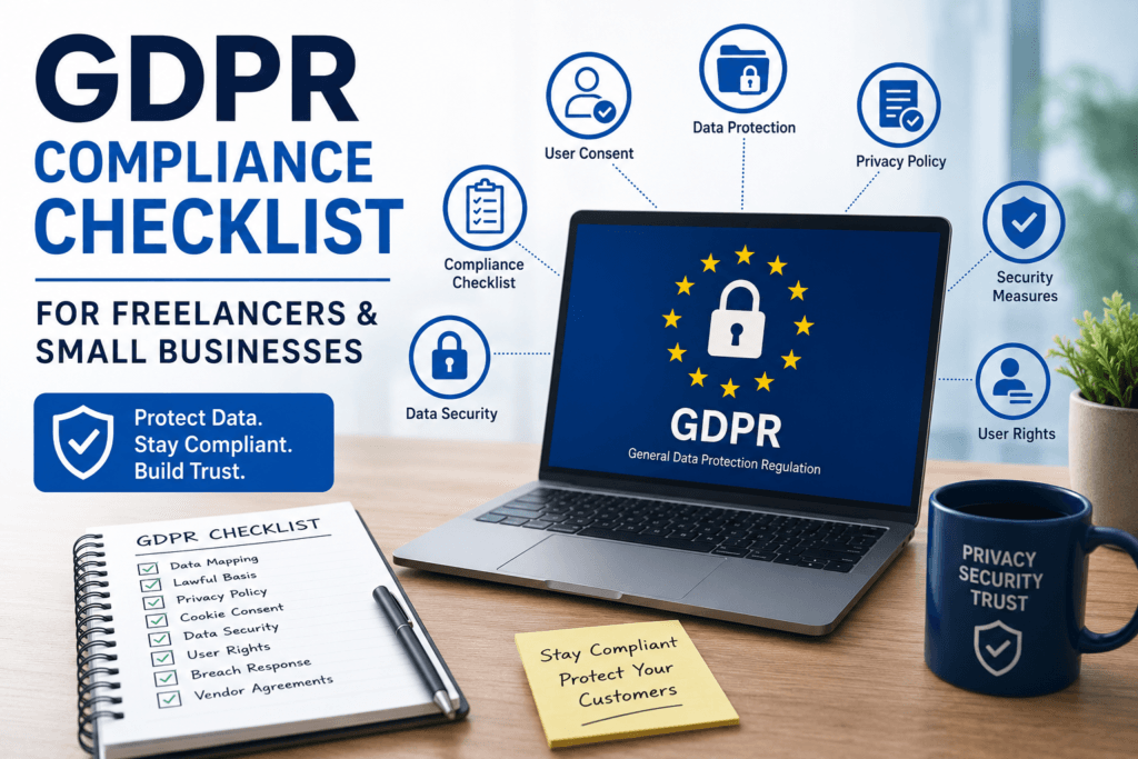 GDPR compliance checklist for freelancers and small businesses showing data privacy, consent management, and security compliance in 2026