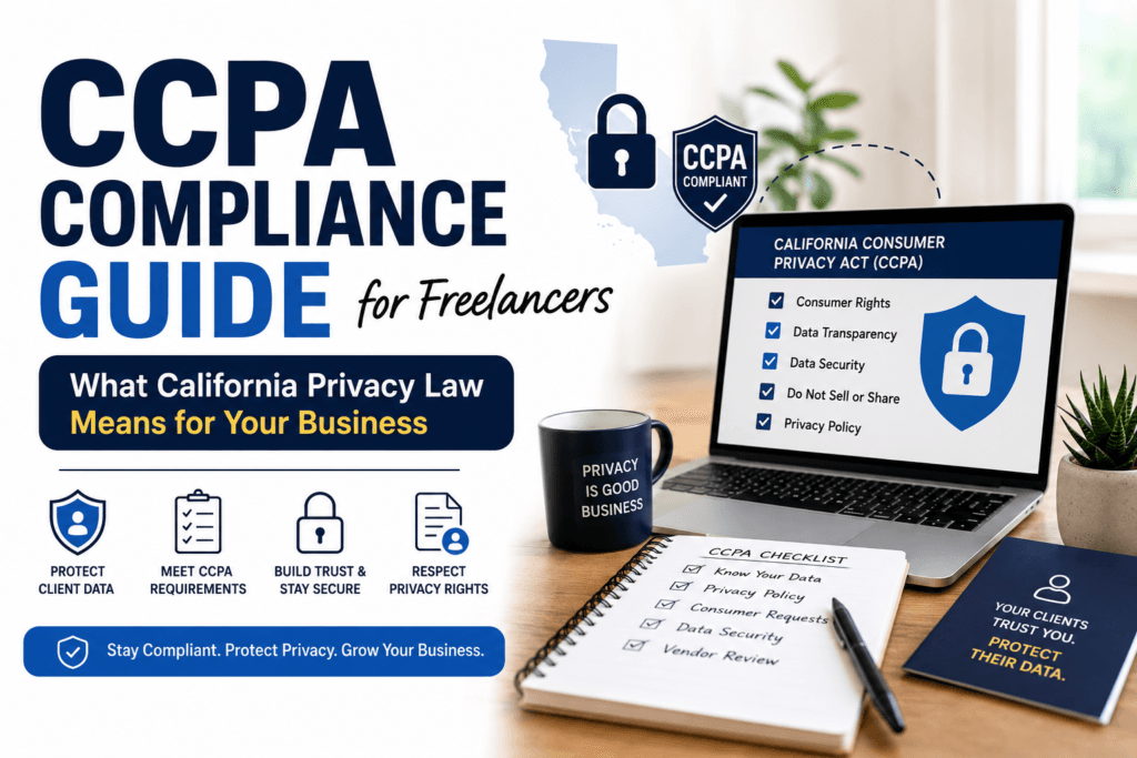 CCPA Compliance Guide for Freelancers showing a privacy checklist, secure laptop, and California Consumer Privacy Act security concepts for small businesses.
