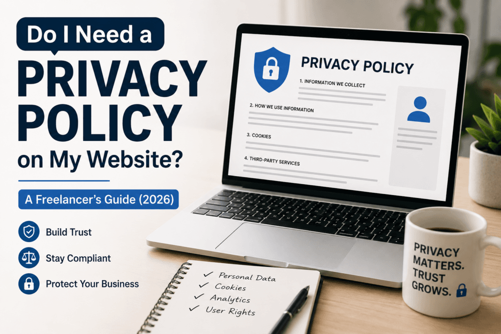 Do I Need a Privacy Policy on My Website? Modern workspace showing a laptop with a privacy policy, representing website compliance for freelancers and small businesses.