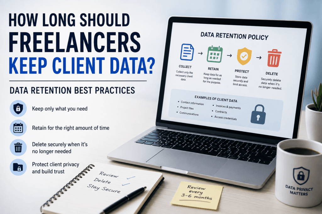 Freelancer data retention best practices showing how long to keep client data, retain necessary files, protect information, and securely delete old data.