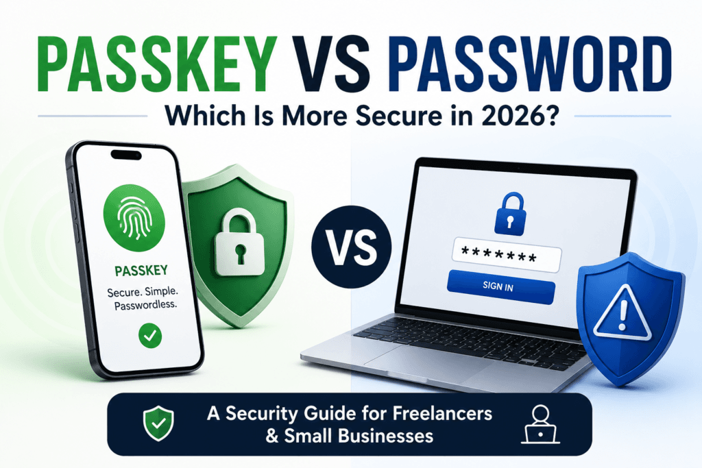 Passkey vs password comparison showing a secure fingerprint passkey on a smartphone and a traditional password login on a laptop.