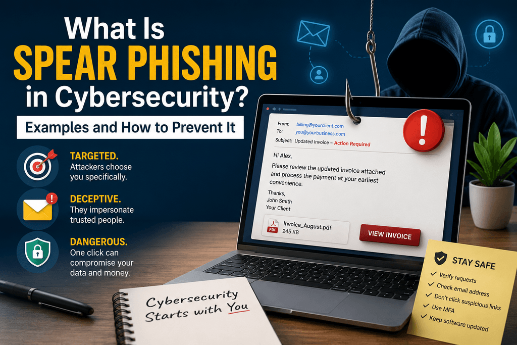 What is spear phishing in cyber security: targeted phishing email attack with fake invoice and prevention tips